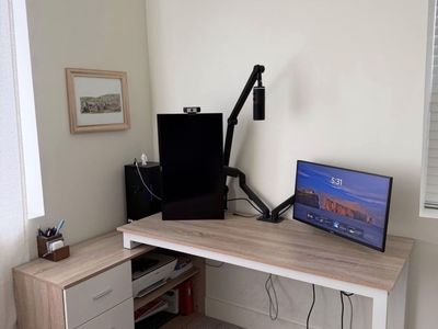 Like new L-Shaped Computer Desk with Storage Drawers & Shelves - Wood & Ergonomic Chair.