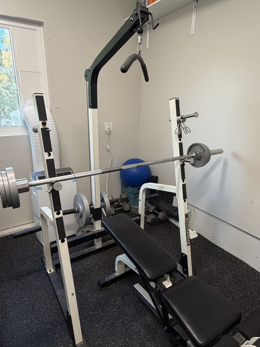 Weight Rack, Bench, Barbell, and Plates