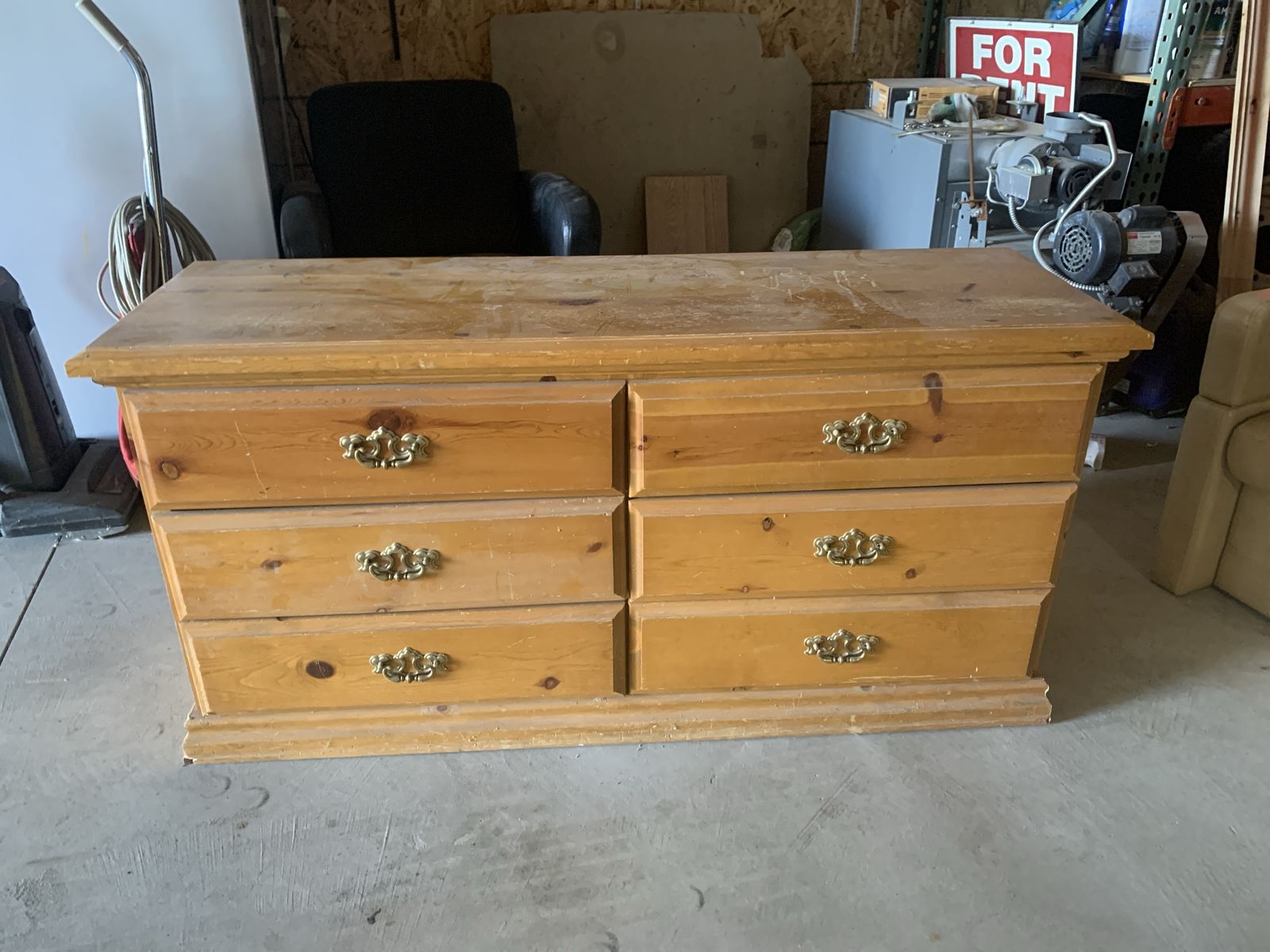 Solid Wood 6-Drawer Dresser (With Vanity Mirror) - Rustic Pine Finish with Ornate Brass Handles
