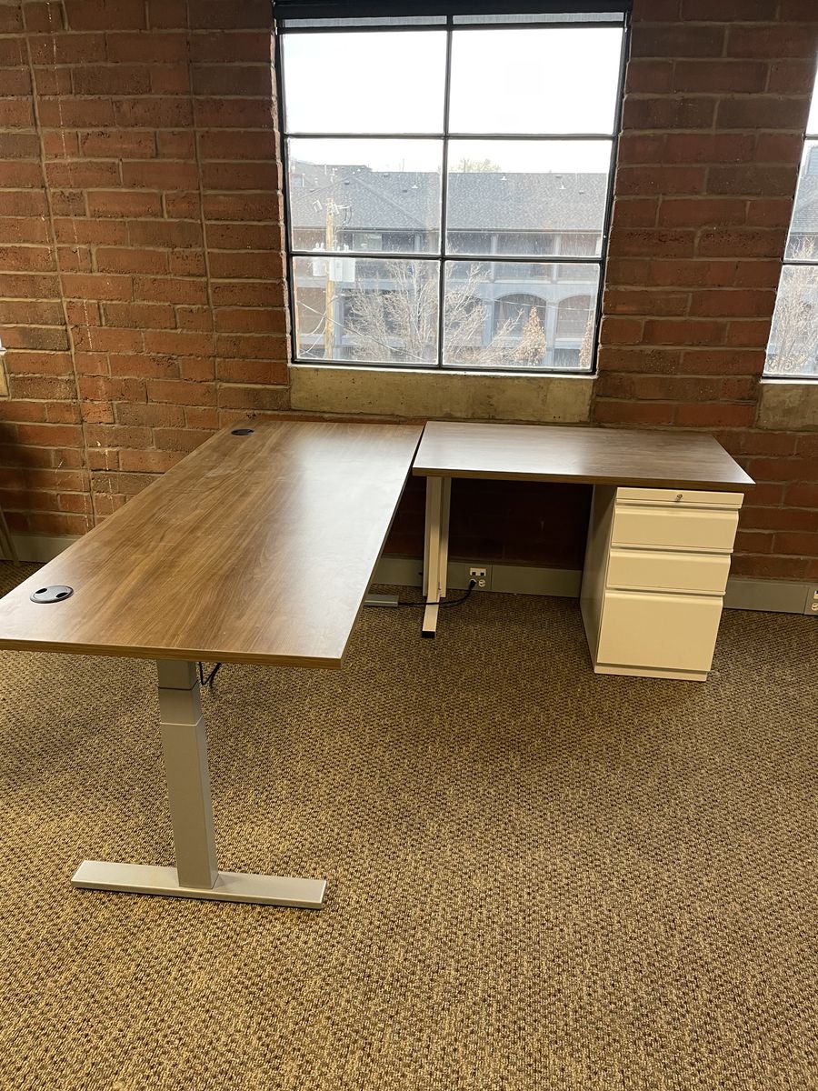 Electric Motor Sit Stand Up Desk L shaped with filing cabinet