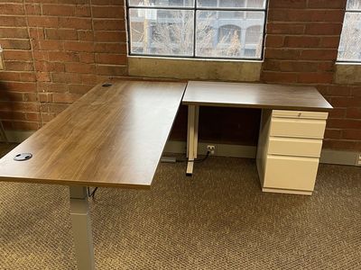 Electric Motor Sit Stand Up Desk L shaped with filing cabinet
