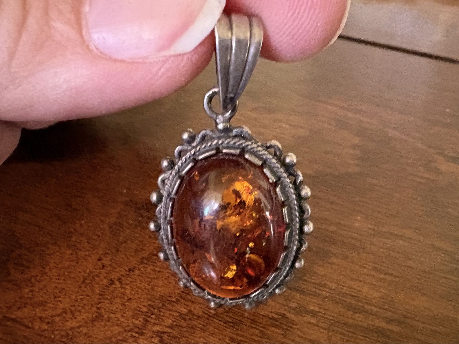 Vintage Sterling Silver & Amber Pendant