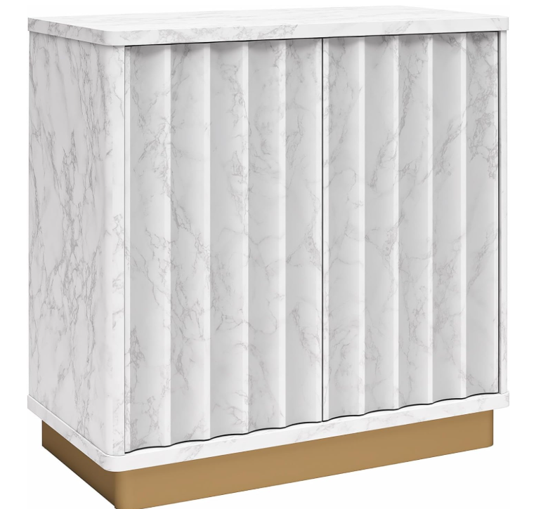 CosmoLiving by Cosmopolitan Rene Scalloped Accent Cabinet, White Faux Marble and Golden Bronze