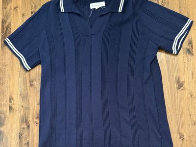 Like New Aeropostale Men's Blue Ribbed Polo Shirt, Size M - Cotton Blend Short Sleeve Collared Top