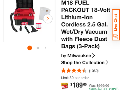 Milwaukee M-18 Shop Vac (NO BATTERY)