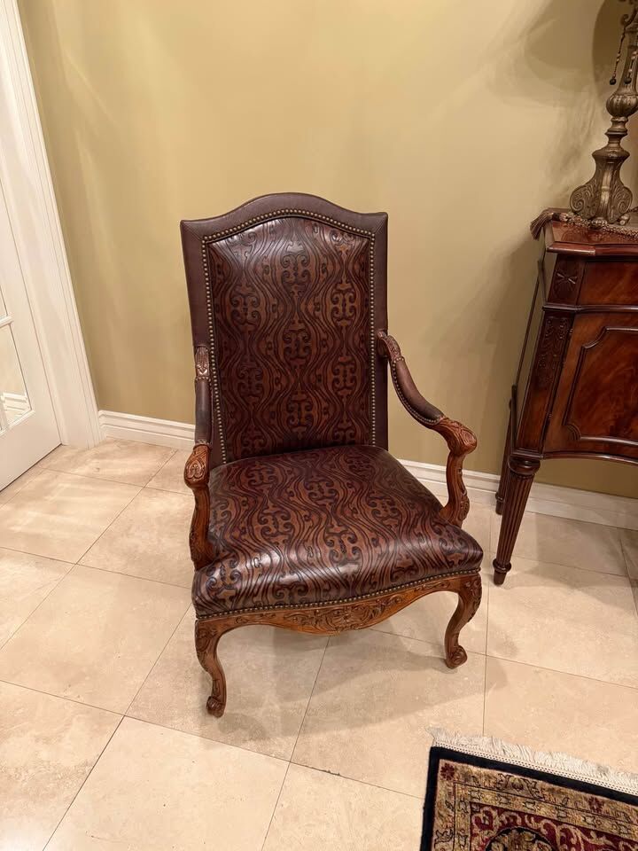 Matching Brown Accent Chairs – Ornate Wood & Upholstery – Set of 2