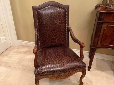 Matching Brown Accent Chairs – Ornate Wood & Upholstery – Set of 2
