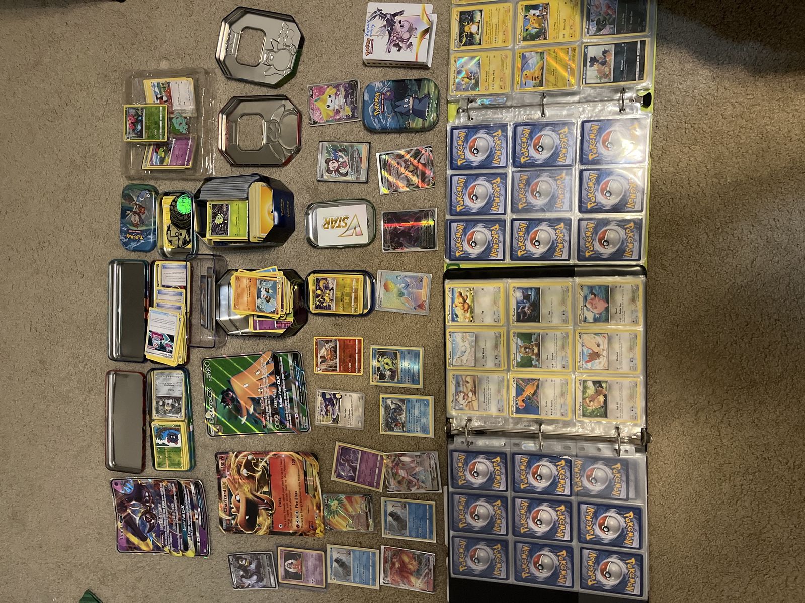 Large Pokemon Trading Card Lot - Binder, Tins, Holos, & GX Cards - Collection of Assorted Cards