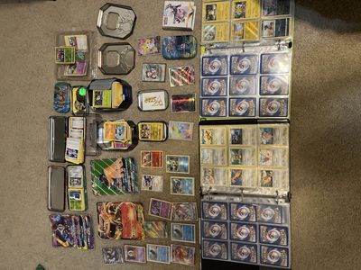 Large Pokemon Trading Card Lot - Binder, Tins, Holos, & GX Cards - Collection of Assorted Cards
