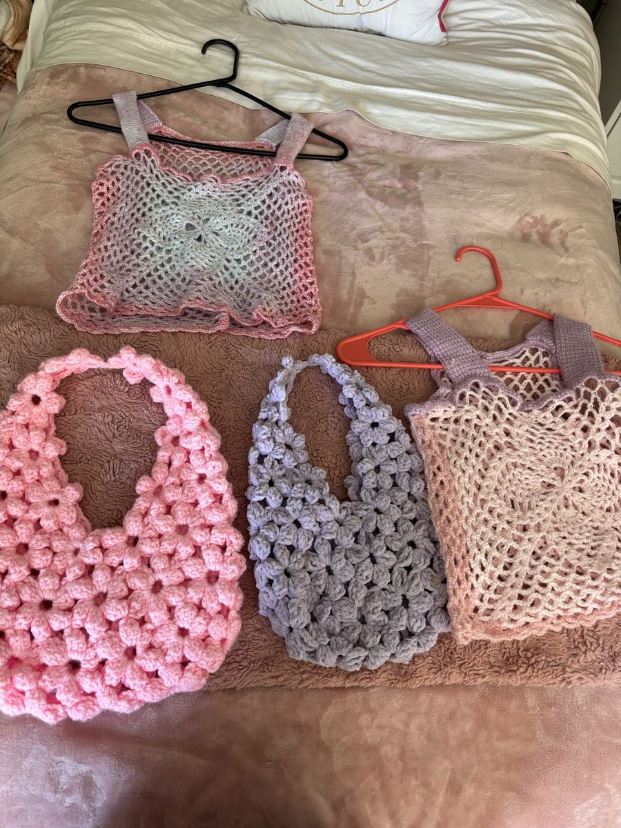 Handmade Crocheted Bag & Top Set - Pink & Lilac Floral/Mesh Designs