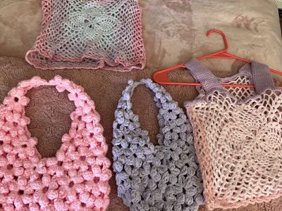 Handmade Crocheted Bag & Top Set - Pink & Lilac Floral/Mesh Designs