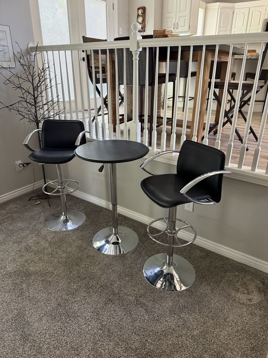 Modern Adjustable Bar Stools (2) & Table Set - Black Leather & Chrome Finish
