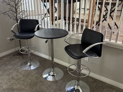 Modern Adjustable Bar Stools (2) & Table Set - Black Leather & Chrome Finish