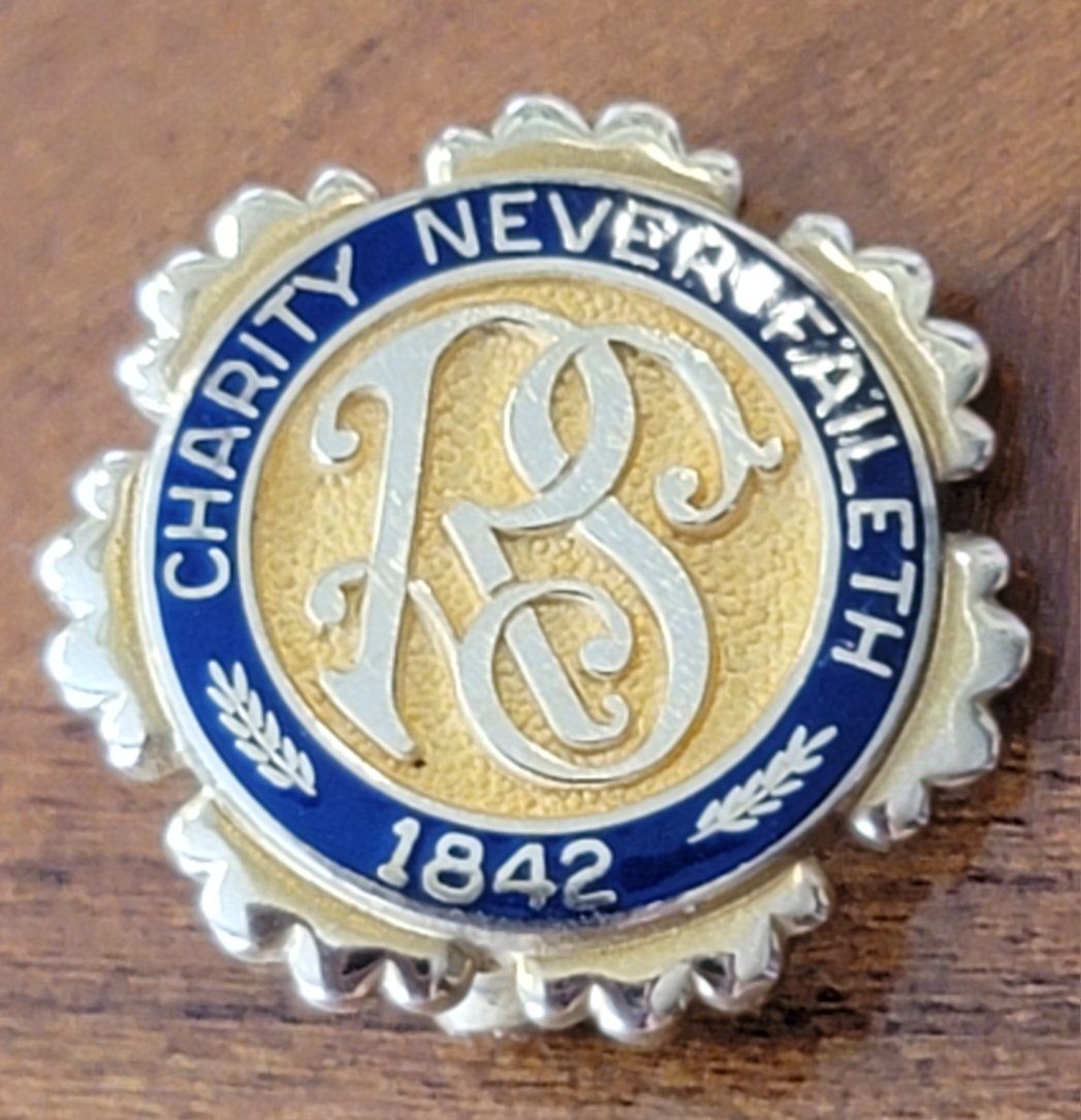Vintage 1/10 12k gold filled Relief Society LDS Lapel Pin Charity Never Faileth 1842 Signed OC Tanner