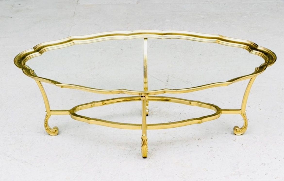 Vintage La Barge Hollywood Regency Style Brass Coffee Table with Scalloped Edge and Glass Top