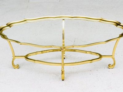 Vintage La Barge Hollywood Regency Style Brass Coffee Table with Scalloped Edge and Glass Top