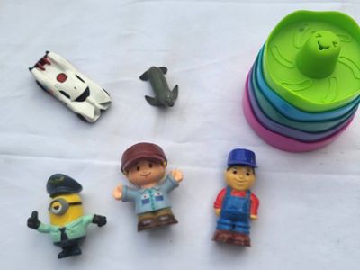 Assorted Toddler Toy Lot - Stacking Cups, Little People Figures, Minion & Toy Car