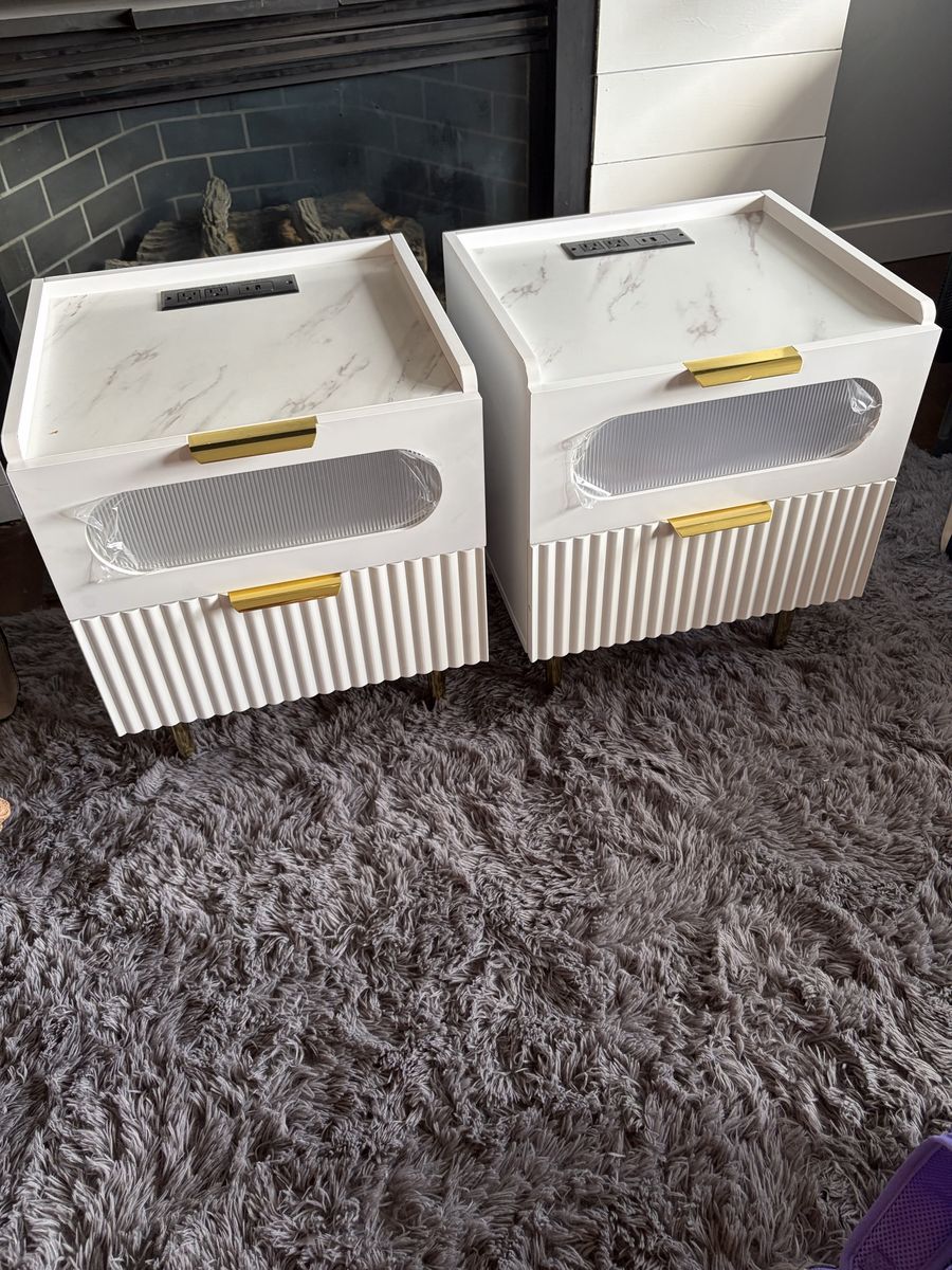 Modern White Nightstands with Charging Station and Faux Marble Top - Set of 2