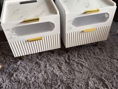 Modern White Nightstands with Charging Station and Faux Marble Top - Set of 2