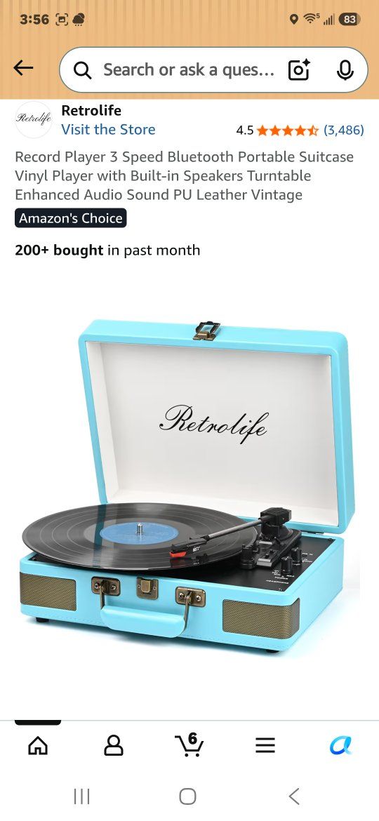 Retrolife 3-Speed Bluetooth Portable Suitcase Vinyl Player with Built-in Speakers - Vintage Blue