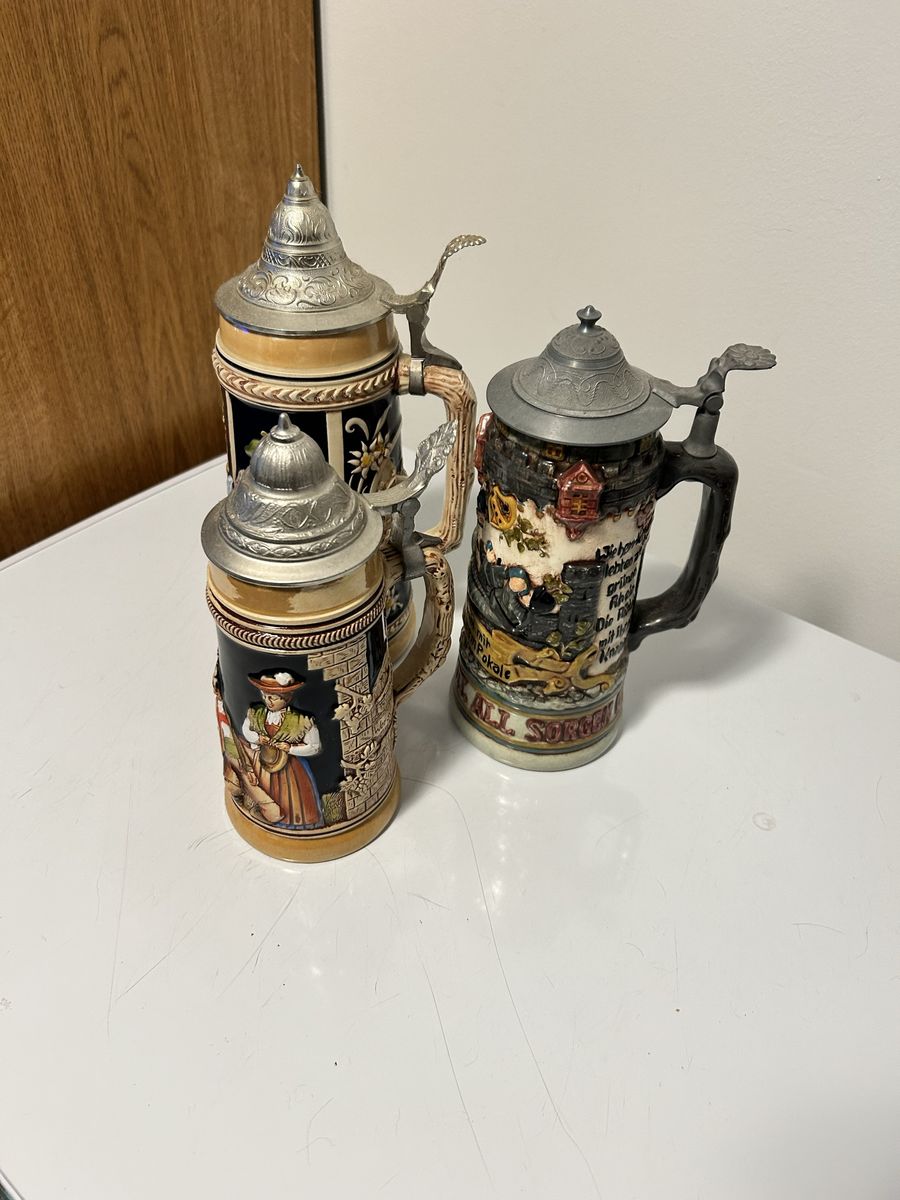 Vintage German Beer Steins - Set of 3 Pewter Lid Decorated Ceramic Tankards - Collectible
