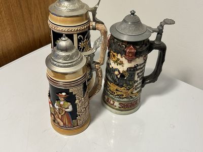 Vintage German Beer Steins - Set of 3 Pewter Lid Decorated Ceramic Tankards - Collectible