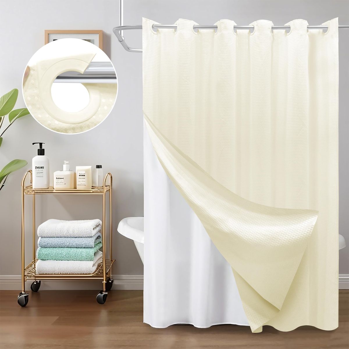 New! Inhousolu No Hook Shower Curtain with Removable Snap-in Liner, Waffle Weave 230 GSM Polyester, Weighted Hem, Water Repellen
