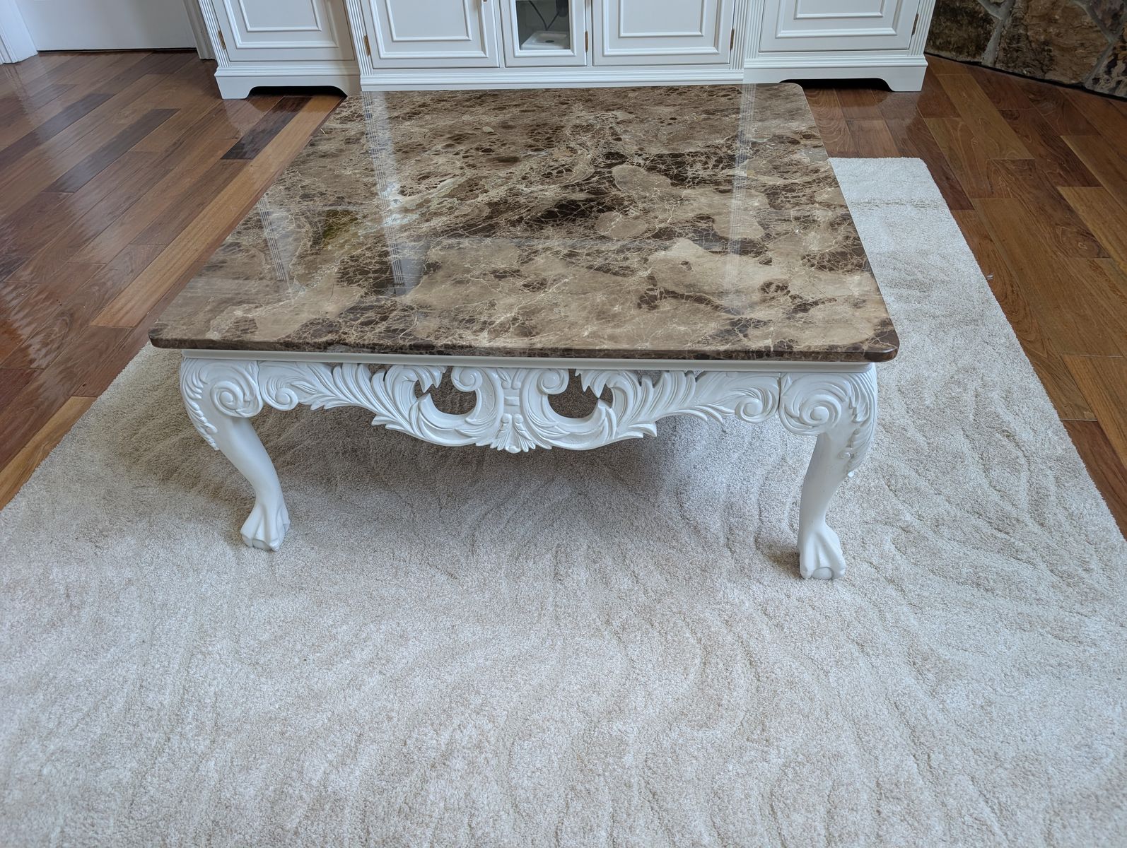 Elegant Marble-Top Coffee Table(40" x 40") – Ornate White Base