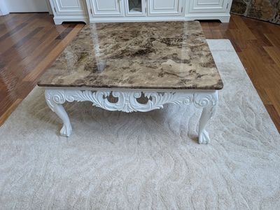 Elegant Marble-Top Coffee Table(40" x 40") – Ornate White Base