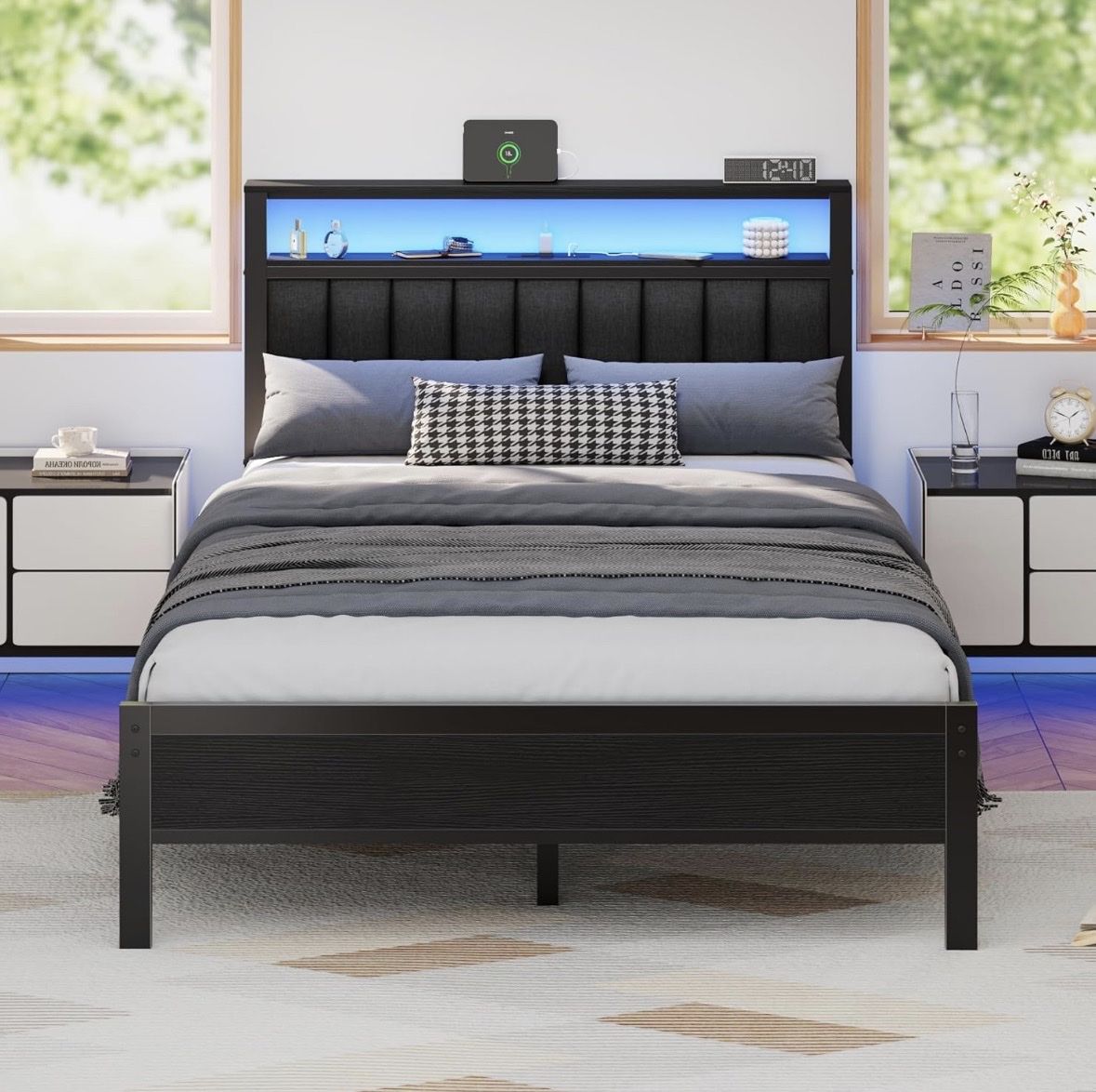 Full Size Black Bed Frame with LED Storage Headboard & Charging Station