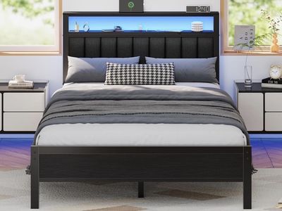 Full Size Black Bed Frame with LED Storage Headboard & Charging Station