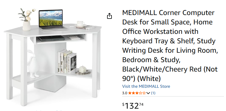 New in Box - MEDIMALL Corner Computer Desk, Workstation with Keyboard Tray & Shelf, Study White