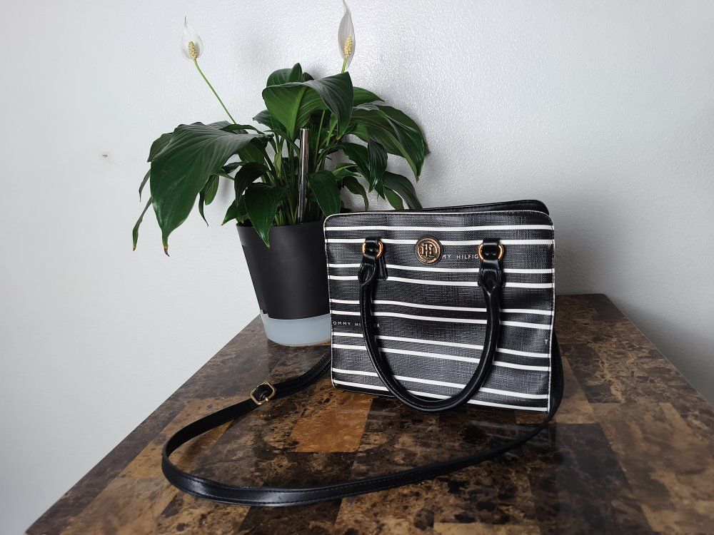 Tommy Hilfiger Black & White Striped Shoulder Bag with Adjustable Strap