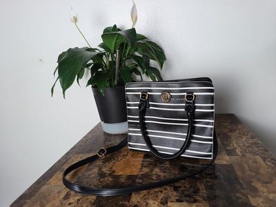 Tommy Hilfiger Black & White Striped Shoulder Bag with Adjustable Strap
