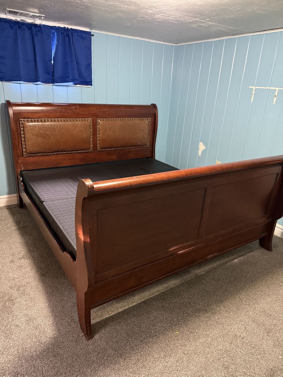 Wooden Sleigh Bed Frame with Leather-Trimmed Headboard and Footboard-includes foundation frame 