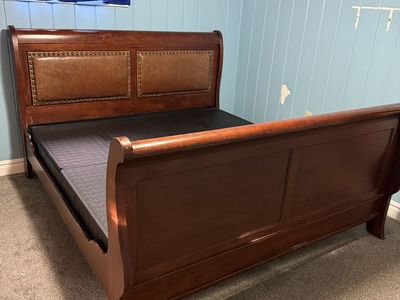 Wooden Sleigh Bed Frame with Leather-Trimmed Headboard and Footboard-includes foundation frame