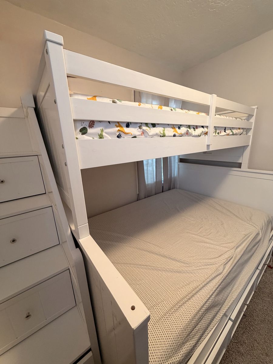 White Wood Twin Over Full Bunk Bed with Storage Stairs and Drawer Storage Underneath- Excellent Condition