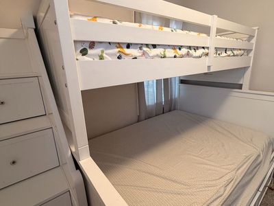 White Wood Twin Over Full Bunk Bed with Storage Stairs and Drawer Storage Underneath- Excellent Condition