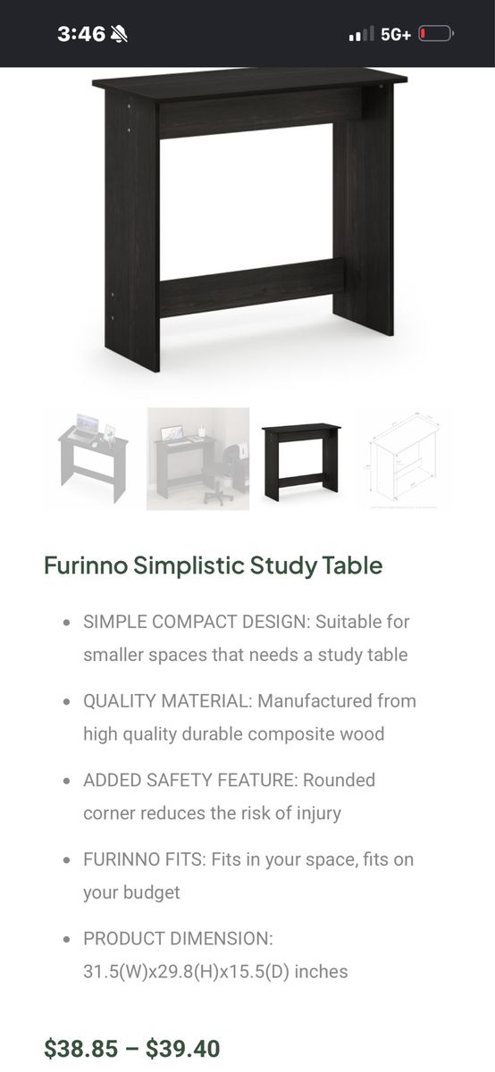 Furinno Simplistic Compact Study Table, Dark Brown, 31.5"W x 29.8"H x 15.5"D