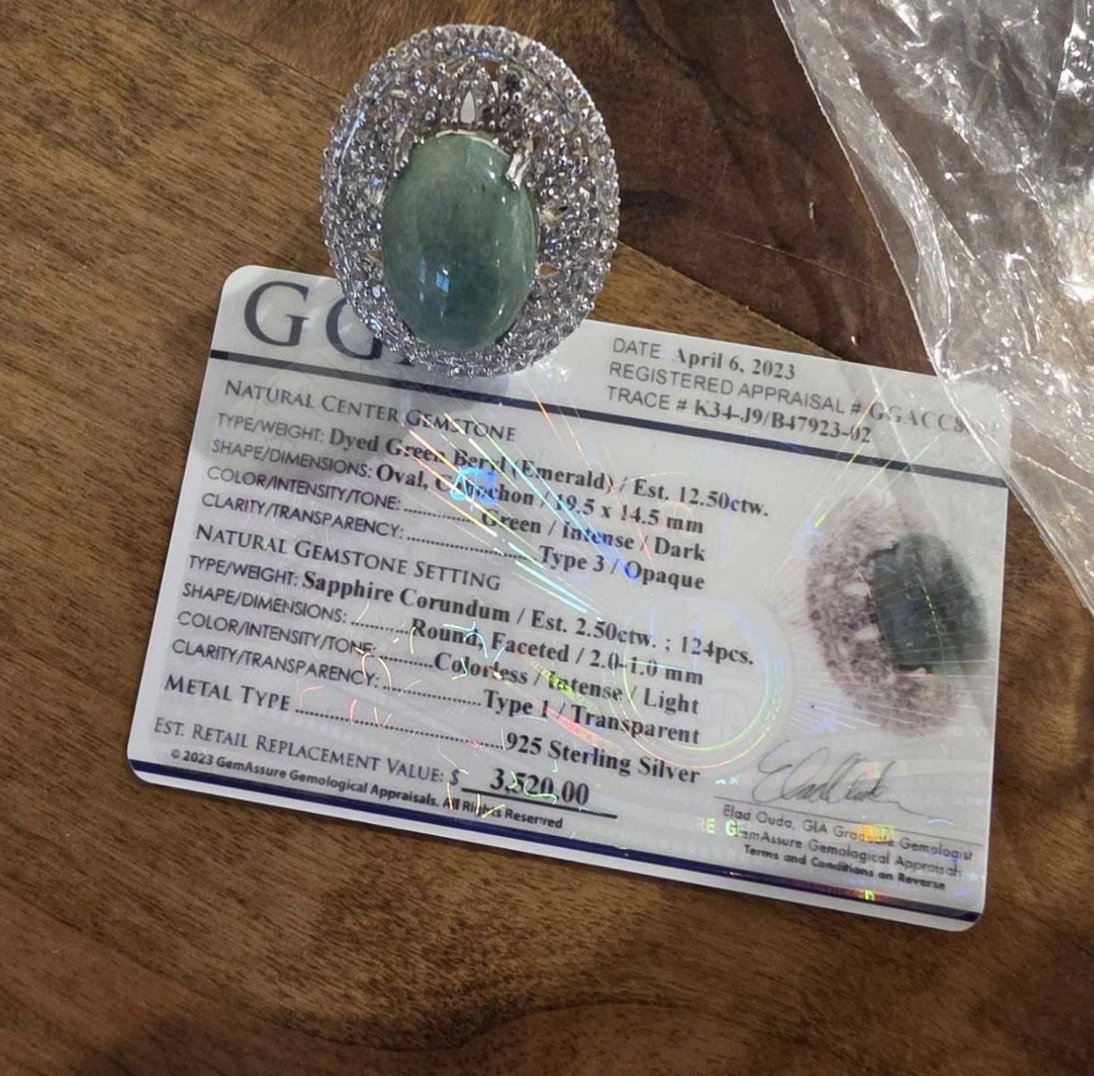 sterling silver dried green emerald and sapphire ring