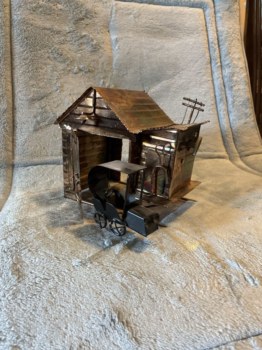 Handmade Metal Copper Garage and Vintage Car Sculpture Decor- music box 