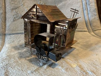 Handmade Metal Copper Garage and Vintage Car Sculpture Decor- music box