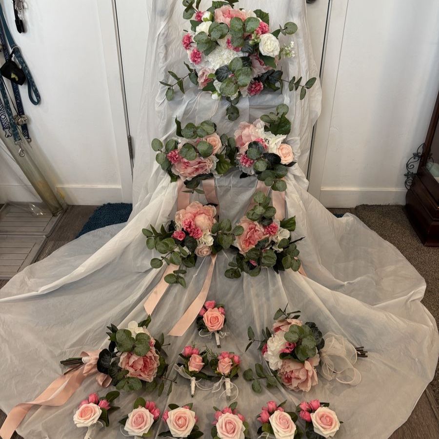 Complete Wedding Floral Set- Pink and white Peonies, Roses and Eucalyptus 18 pieces