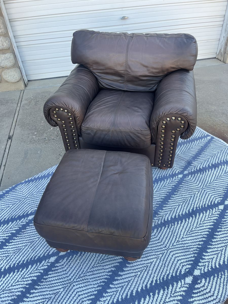 Ultra-Comfortable Brown Leather Armchair & Matching Ottoman (Smoke-Free/Pet-Free)