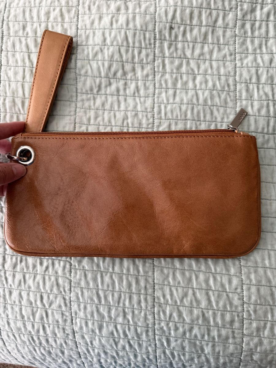 Hobo Brown Leather Wristlet Wallet Clutch with Patterned Lining