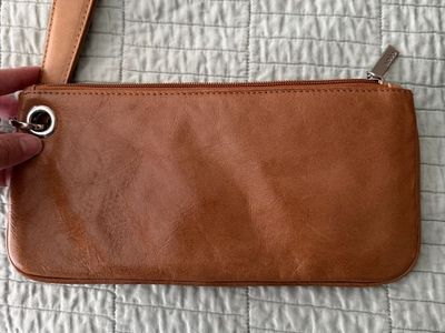 Hobo Brown Leather Wristlet Wallet Clutch with Patterned Lining