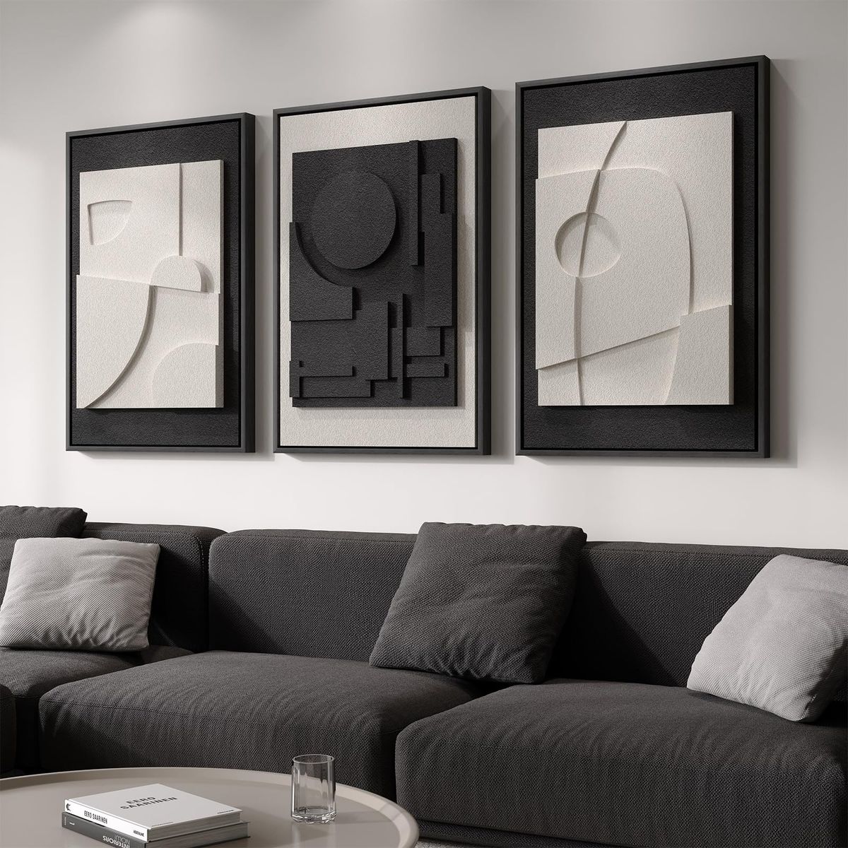 New  Large 3D Textured Framed Black and White Abstract Wall Art for Living Room
