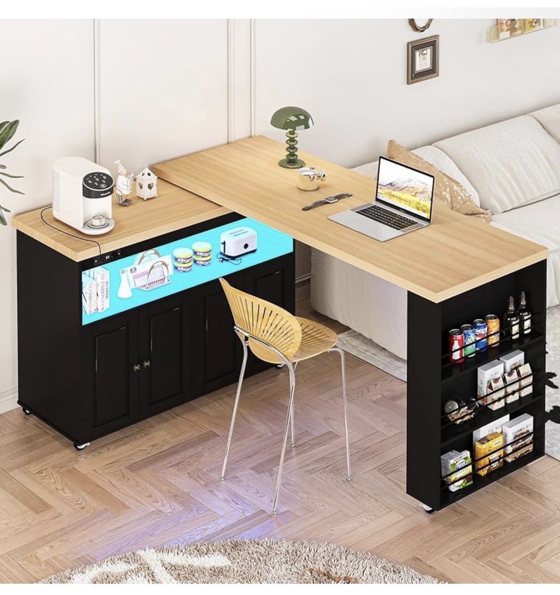 84" Kitchen Island with Swivel Table, Mobile Kitchen Island on Wheels with Storage Cabinet and LED Light