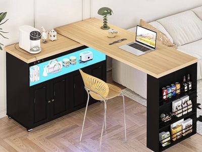 84" Kitchen Island with Swivel Table, Mobile Kitchen Island on Wheels with Storage Cabinet and LED Light