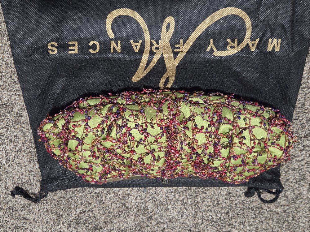 Mary Frances Beaded Floral Clutch Handbag Green Purple with Dust Bag